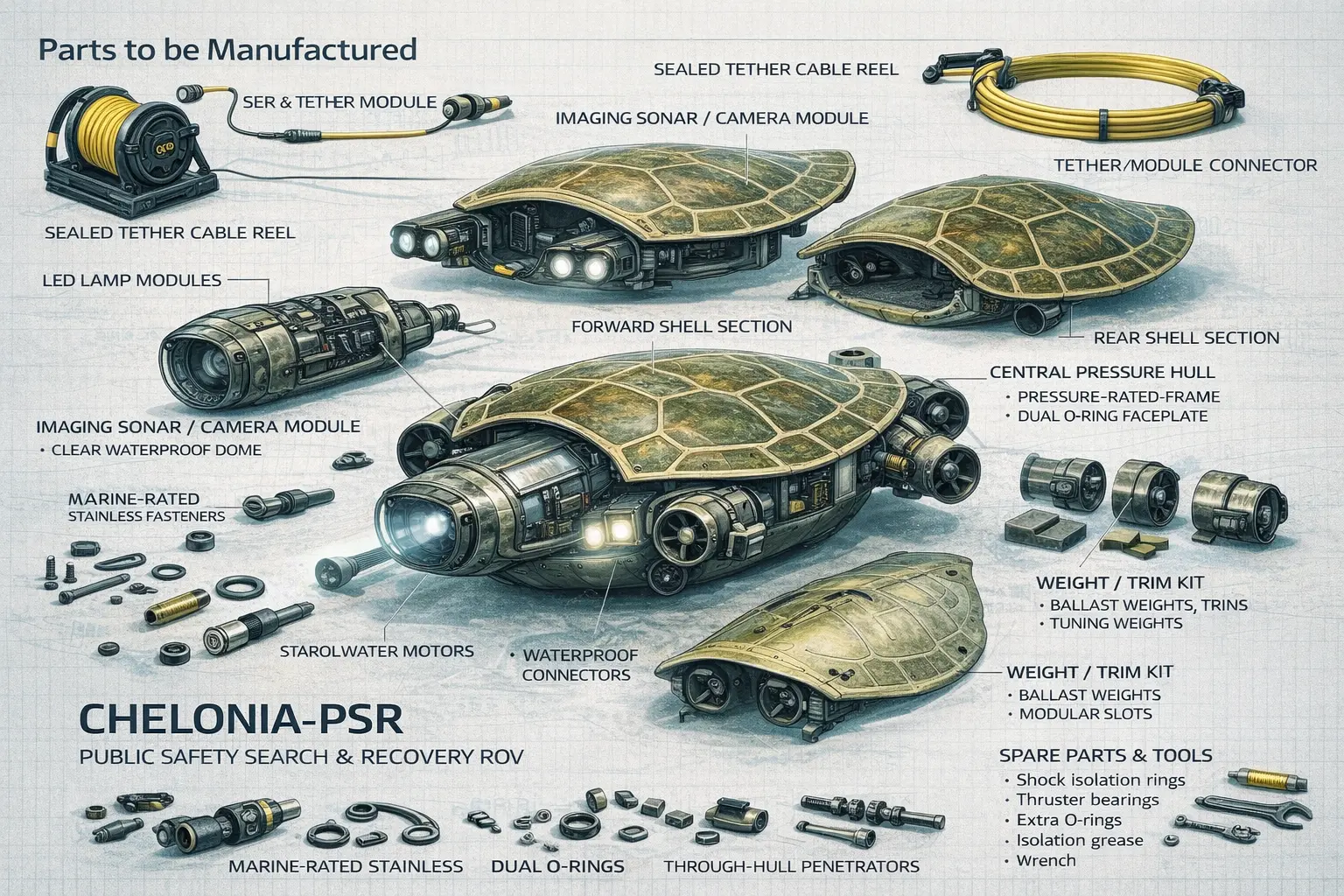 Chelonia-PSR modular parts and manufacturing breakdown illustration