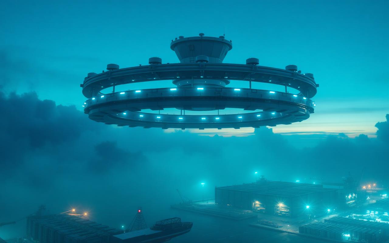 DR-01 FACILITY ring platform above a port at blue hour