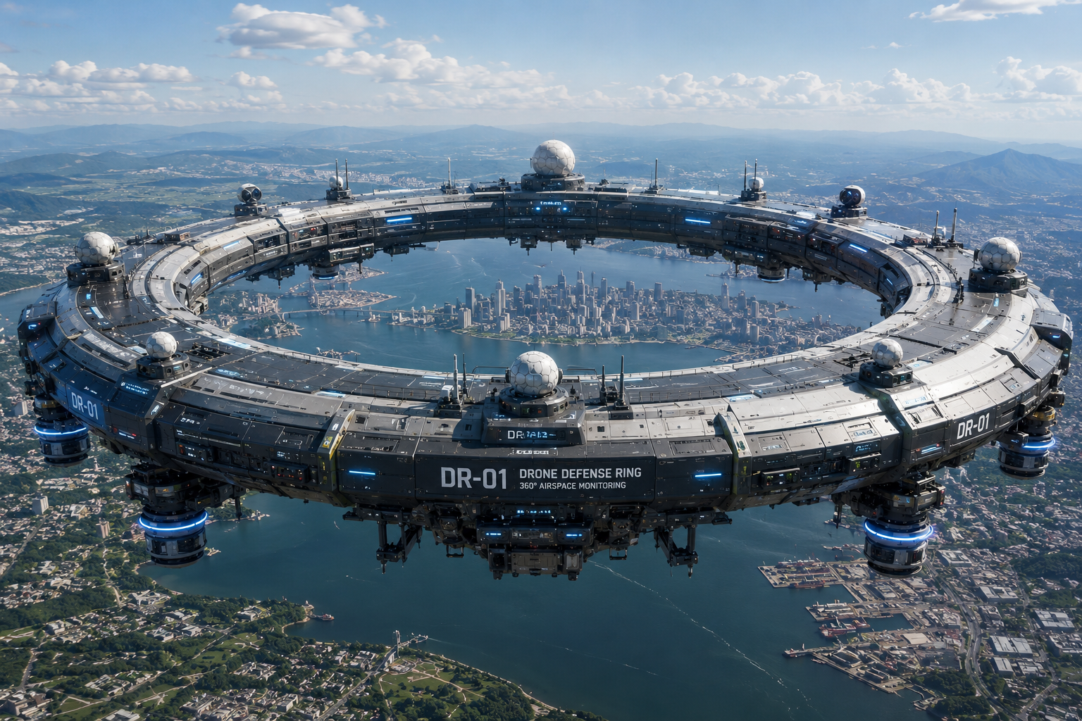 Large-scale DR-01 aerial ring deployed above a coastal city