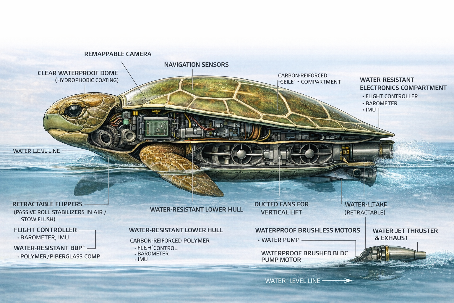 Chelonia-A1 amphibious VTOL drone technical cutaway at the water line