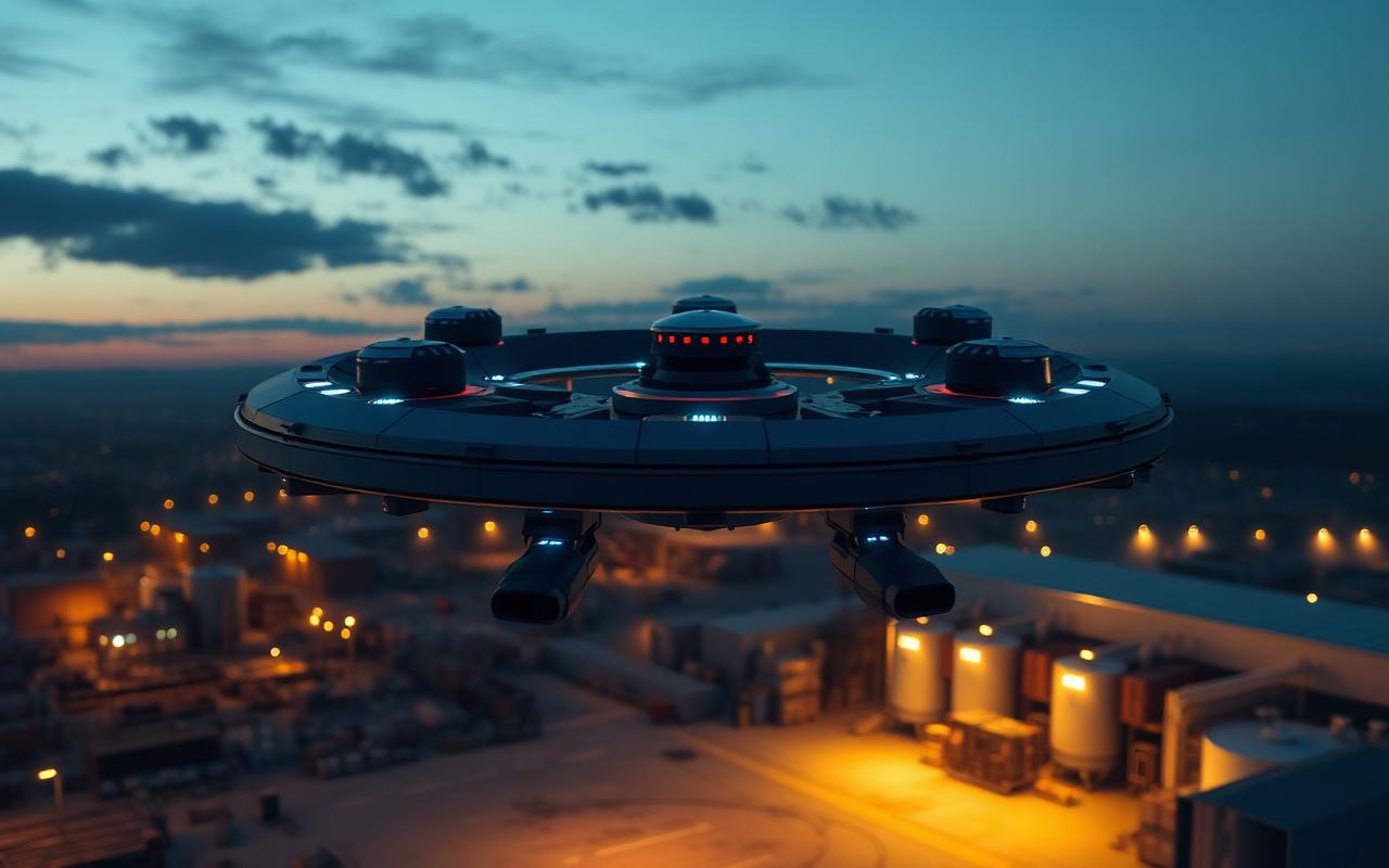 DR-01 SCOUT ring platform above an industrial yard at dusk