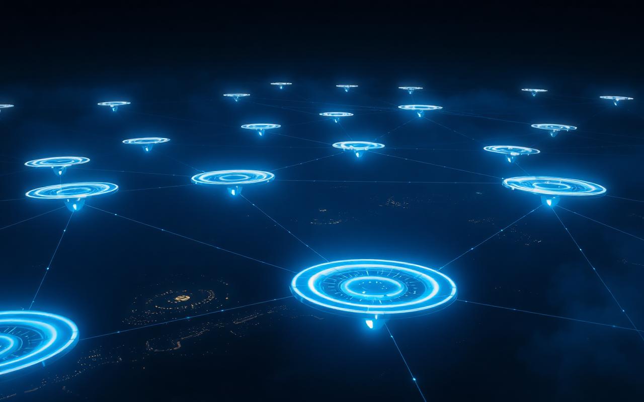 Networked DR-01 aerial ring platforms linked by data connections at night