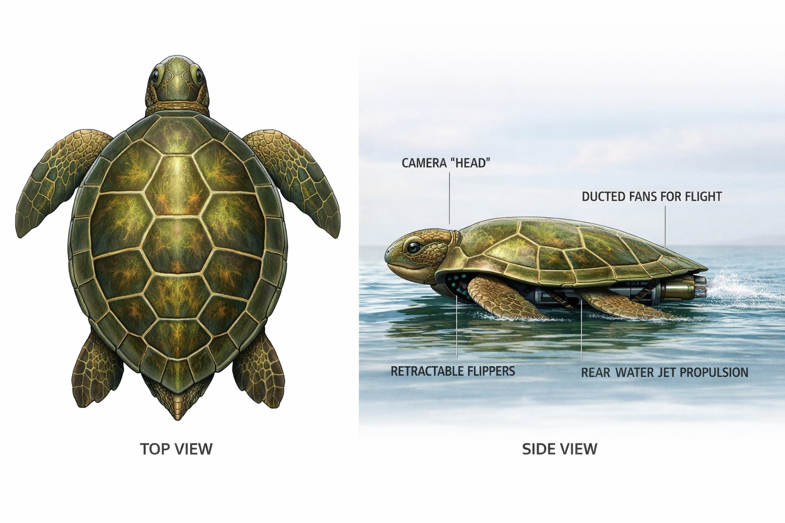 Chelonia-A1 top view and side view technical illustration