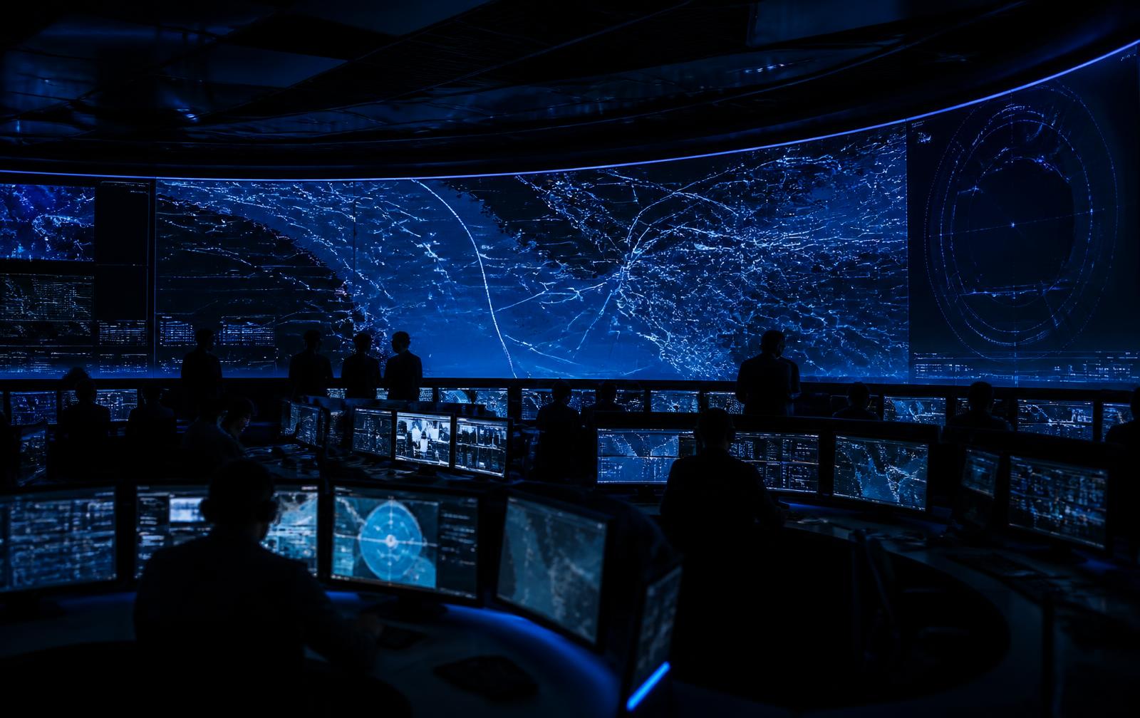 Aerospace-style operations center with live airspace displays
