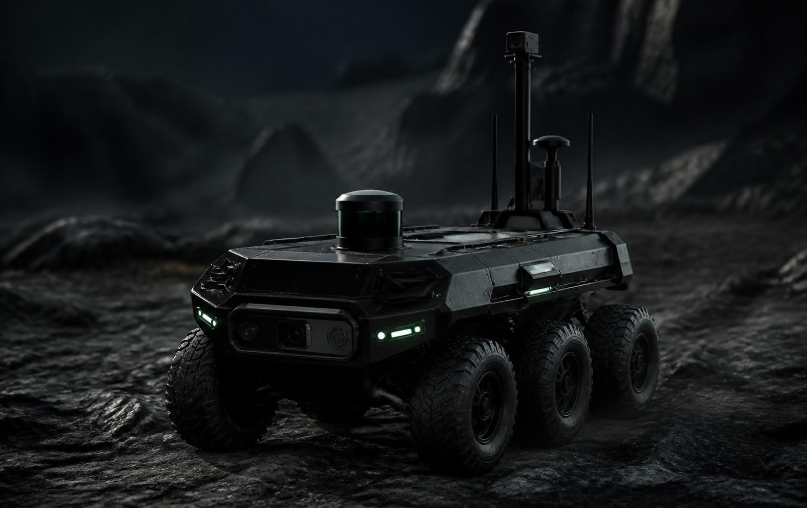 MS-04 Ground Mapper unmanned ground vehicle with sensor mast on rocky terrain